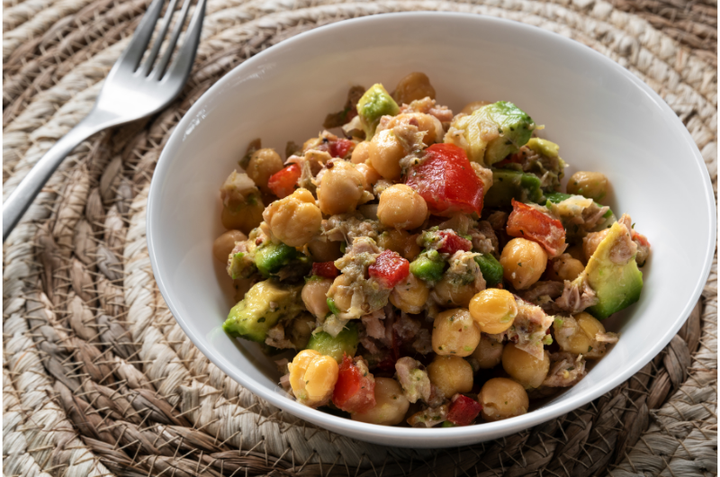 Protein-rich salad made with chickpeas, avocado, and tuna